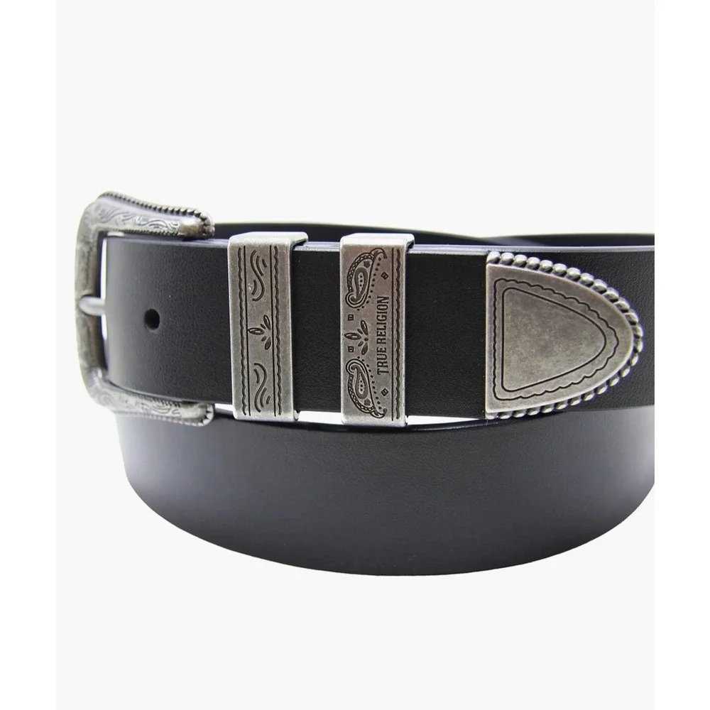 True Religion Palomo Western Belt Black Croc Embossed Silver Buckle Size 38 NWT